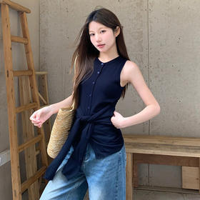 西遇针织背心马甲女2025年春夏新款宝蓝色系带高知穿搭无袖上衣SS150281