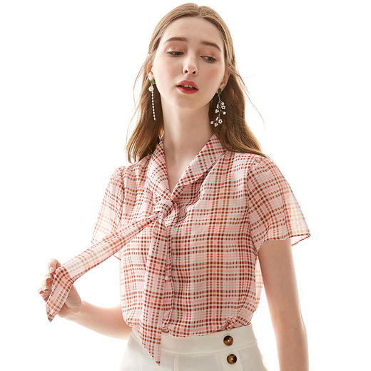 欧芮儿夏装2019新款女装格子雪纺衫女宽松薄款上衣短袖洋气小衫 商品图1