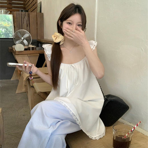 西遇叠穿衬衫连衣裙女2025年春夏新款系带罩衫白色蕾丝花边吊带裙SS150280 商品图0