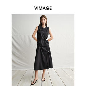 VIMAGE纬漫纪珍珠褶皱遮肉显瘦休闲简约无袖上衣2025夏季新款V2313924