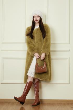 ELLA JADE 苔藓绿圆领毛绒皮草外套 19742