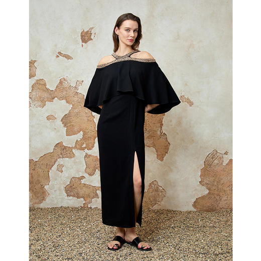 EITIE爱特爱2025夏季新款优雅法式精致露肩黑色礼服连衣裙8277901 商品图1