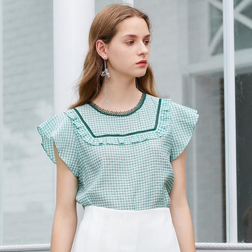 欧芮儿2019新款女装夏装时尚娃娃领格子雪纺衫女飞飞袖洋气小衫 商品图1