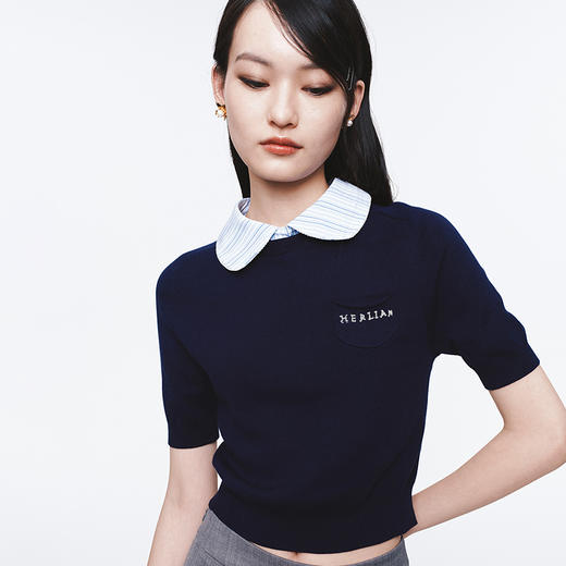 HERLIAN 2025年春季女士彼得潘领撞色拼接上衣 商品图0