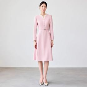 IWY/粉色小香风西装裙春季新款花边领连衣裙时尚气质通勤主持人上镜装25Q690