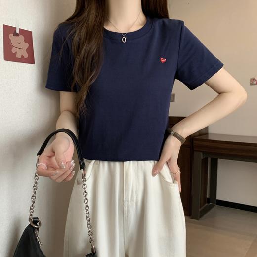 【79元/2件】设计感凉感棉短袖T恤 夏季女2025新款韩版爱心刺绣百搭纯色圆领上衣 商品图3