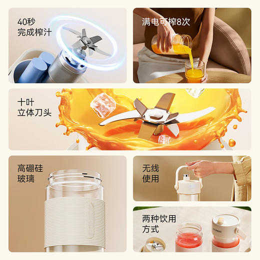 HYUNDAI韩国便携式榨汁机 迷你料理机家用榨汁机充电榨果汁机无线随行杯碎冰奶昔 便携式榨汁杯QC-JB2385单层单盖 (玻璃杯） 商品图1