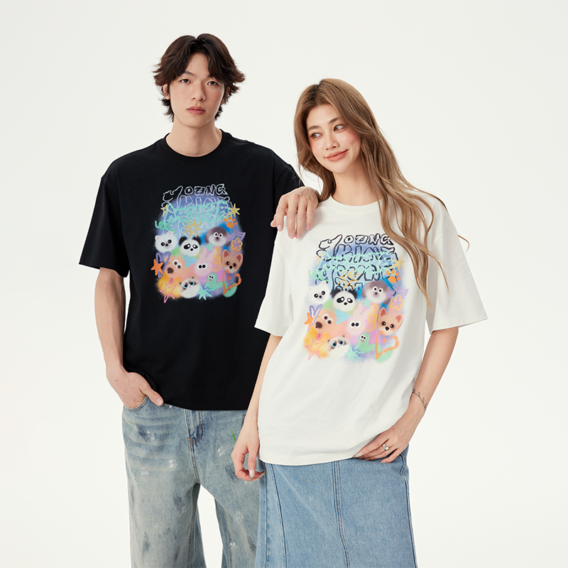 [两件减20]YKYB黄子韬短袖T恤全棉舒适透气狗狗喷绘氛围感情侣上衣Y52NDT022