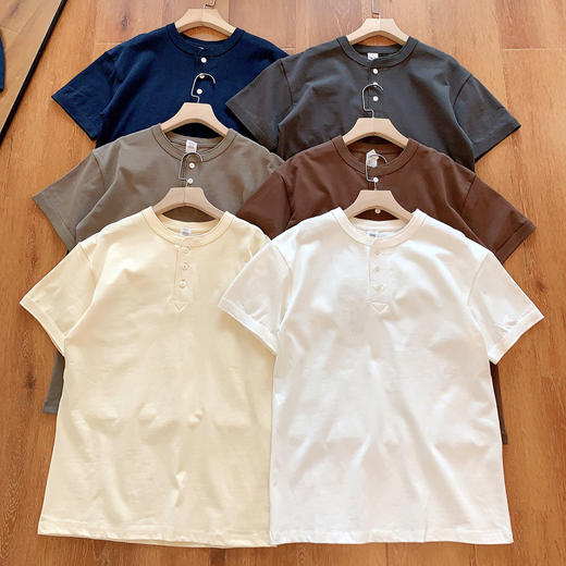 压轴推荐！重磅300G！2025纯棉美式咔叽复古亨利领纯色宽松短袖T恤衫！ 商品图2