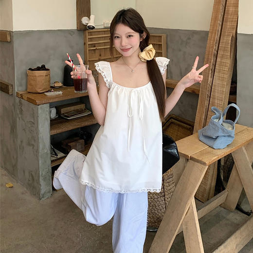 西遇叠穿衬衫连衣裙女2025年春夏新款系带罩衫白色蕾丝花边吊带裙SS150280 商品图2