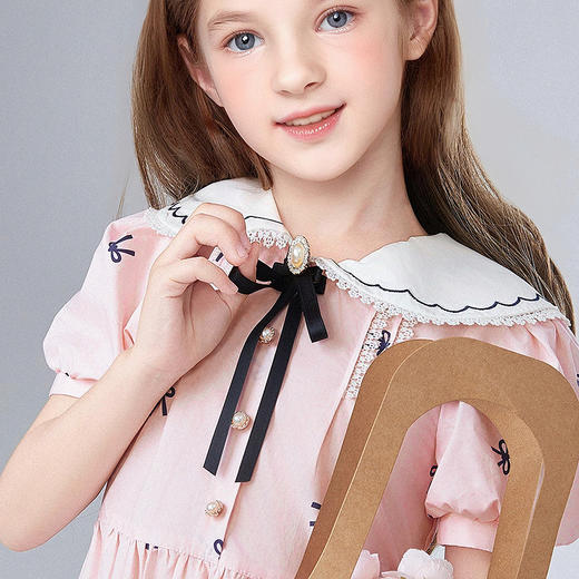 笛莎Deesha 童装女童连衣裙2025夏新款女童翻领蝴蝶结印花连衣裙 商品图3