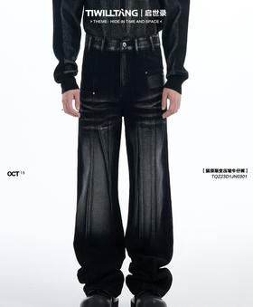 TIWILLTANG启世录“尘埃禁锢”猫须渐变拼接全棉水洗压皱牛仔裤