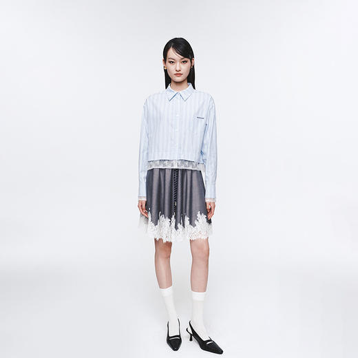 Herlian2025年蕾丝拼接条纹长袖衬衫女士花边衬衫polo上衣 商品图1