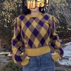 BUR*E**Y/巴*莉 Argyle 女绵羊毛菱形格流苏徽标圆领长袖套头毛衣