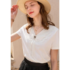 欧芮儿短袖T恤女2021新款夏季网红ins体恤百搭白色刺绣V领上衣