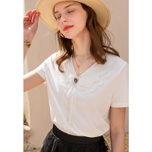 欧芮儿短袖T恤女2021新款夏季网红ins体恤百搭白色刺绣V领上衣 商品图0