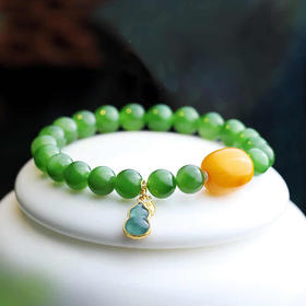 【经典】福禄双全天然蜜蜡和田玉翡翠手串8mm  葫芦吊坠手链珠串严选碧玉925银手串 一物一证