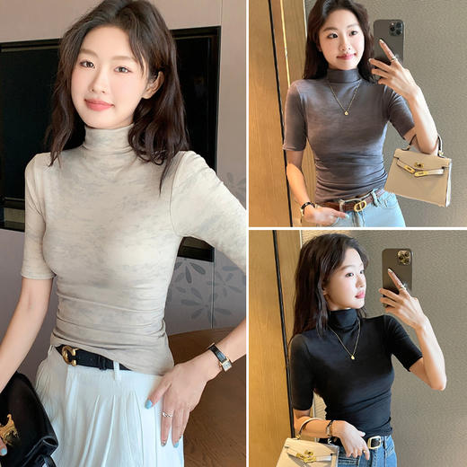 夏季新款打底衫五分袖女迷彩半高领上衣修身内搭t恤针织短袖 商品图0