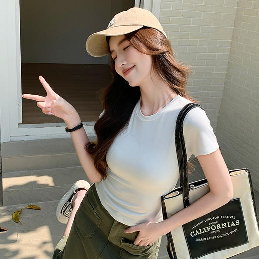 夏季辣妹上衣圆领正肩女弹力显瘦内外搭修身短袖t恤白色 商品图2