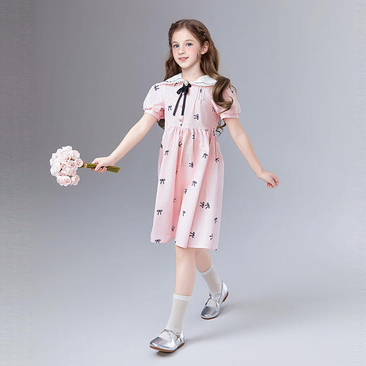 笛莎Deesha 童装女童连衣裙2025夏新款女童翻领蝴蝶结印花连衣裙 商品图2