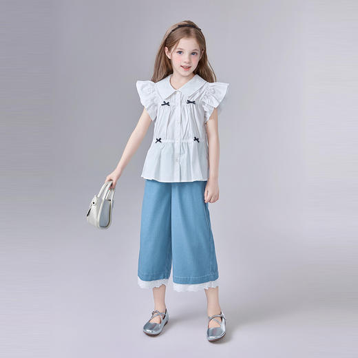 笛莎Deesha 童装女童裤子2025夏新款女童优雅花边牛仔阔腿裤 商品图2