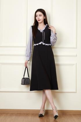 Le Malene 木耳边V领撞色盘扣连衣裙 19773