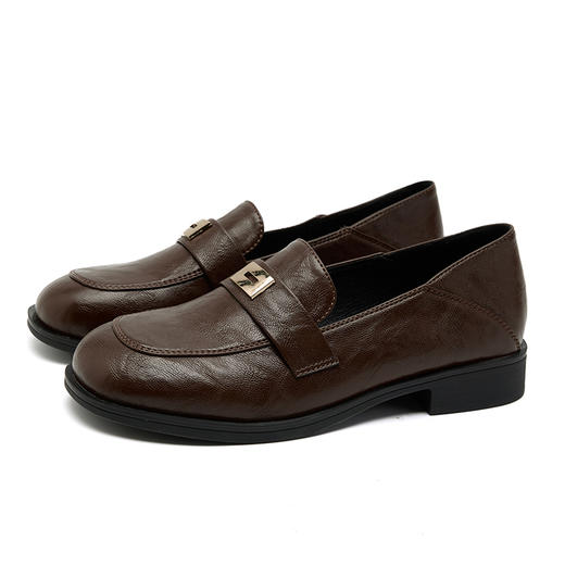 西遇棕色乐福鞋女新款春夏法式英伦软皮小皮鞋一脚蹬粗跟单鞋V0556464 商品图4