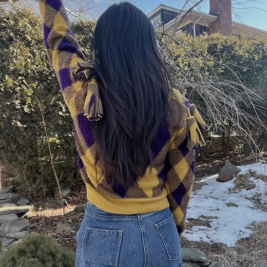 BUR*E**Y/巴*莉 Argyle 女绵羊毛菱形格流苏徽标圆领长袖套头毛衣 商品图3