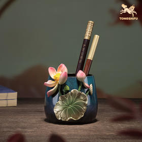 铜师傅《荷花笔筒》客厅书房铜摆件 家居装饰工艺品 老师礼物