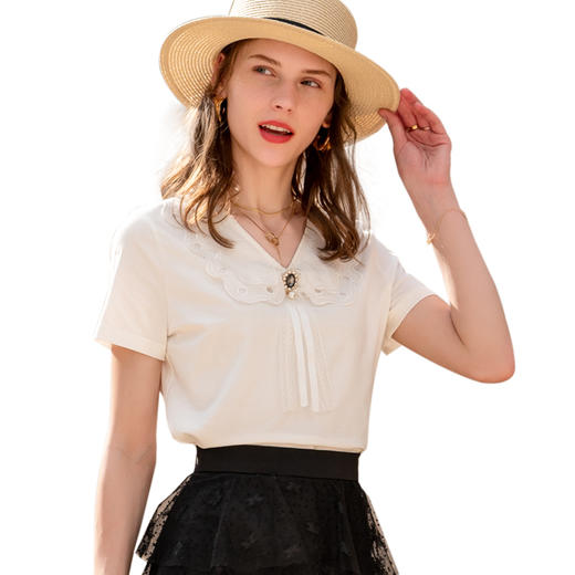 欧芮儿短袖T恤女2021新款夏季网红ins体恤百搭白色刺绣V领上衣 商品图3