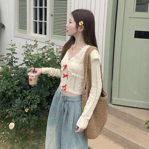 西遇短款针织上衣女2025年春夏新款蝴蝶结镂空v领修身长袖T恤SS150293 商品图4