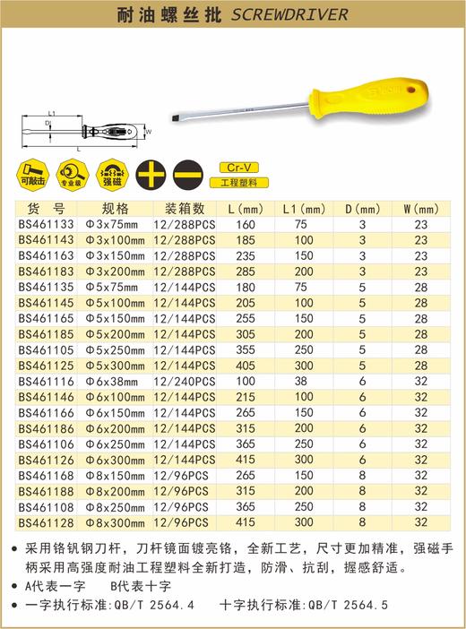 波斯 耐油柄螺丝批φ6*300mm 一字 BS461126A 商品图0
