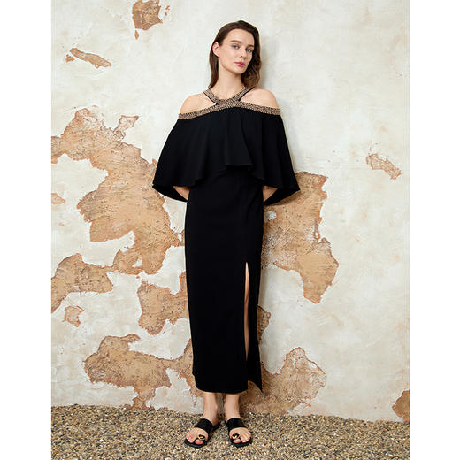 EITIE爱特爱2025夏季新款优雅法式精致露肩黑色礼服连衣裙8277901 商品图5