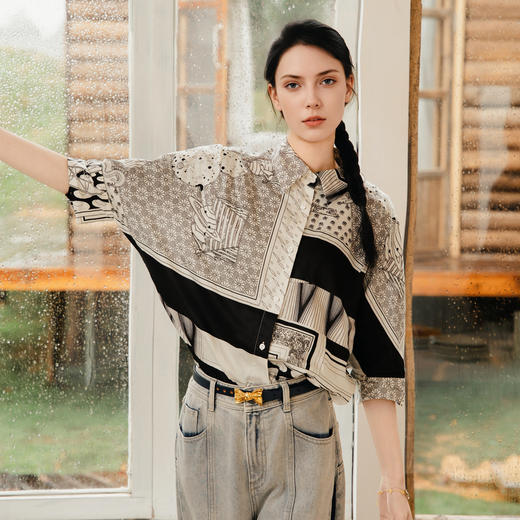 谜底花色衬衫分袖女2025夏新款复古文艺印花大廓形衬衣256MC6211 商品图1