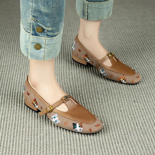 【预售5天】牛皮玛丽珍鞋女春季新款复古风T型带山茶花低跟单鞋YX&A1619 商品图3