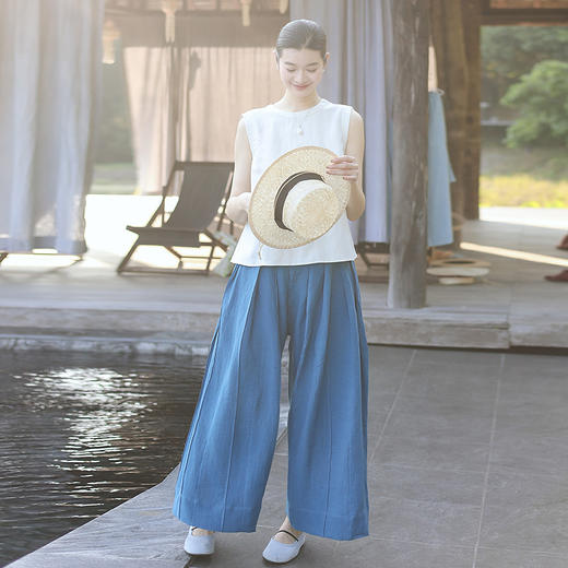 绽放旅行女装154朵/又见武士阔腿长裤孔雀蓝亚麻百搭宽松武士裤 商品图1
