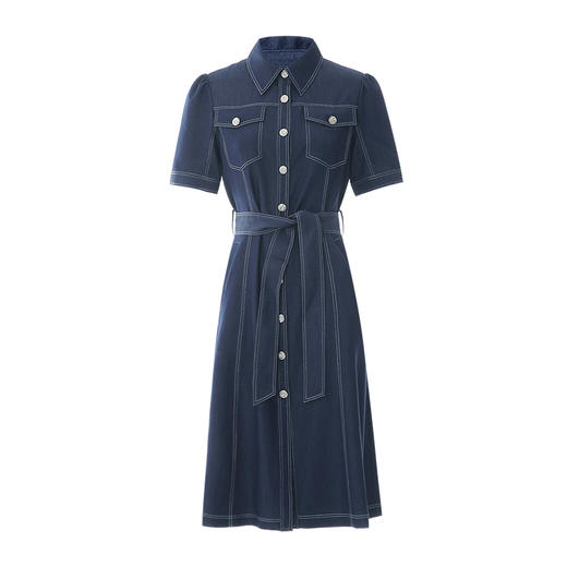 EITIE爱特爱夏季新款衬衫领复古文艺显瘦修身a字系带牛仔连衣裙7807509 商品图5