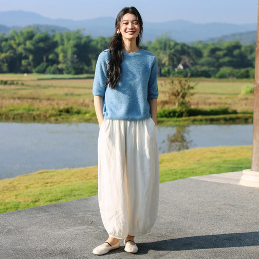 绽放077朵/云朵T恤春季羊毛花式弹力纱圆领马鞍肩短袖套头毛衣 商品图1