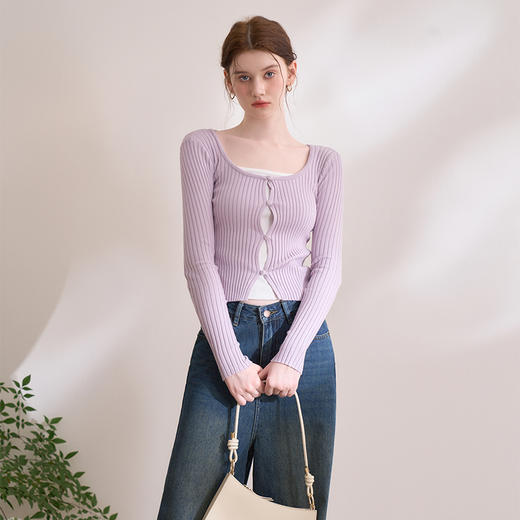 纯欲辣妹甜美拼接花边V领T恤女2025坑条高弹修身上衣V0050375 商品图4