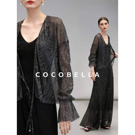 COCOBELLA银葱亮丝镂空微透视遮阳衫女通勤黑色小开衫LC606-2 商品图3