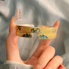 丁摩 足银999.9描金珐琅千里江山龙纹蝴蝶底纯银开口手镯5ZF-1233