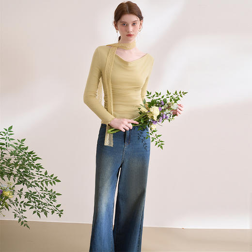 简约气质高级感荡领T恤女弹力修身上衣搭饰带V0050376 商品图1