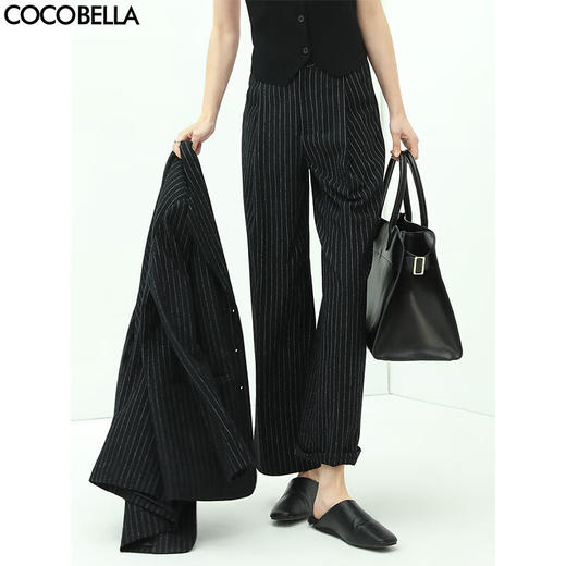 COCOBELLA色织条纹通勤OL西裤女气质职场高腰打褶休闲裤PA157 商品图0