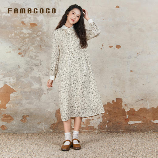 Famecoco宽松连衣裙秋季娃娃领袖口撞色碎花裙女装长裙FAB6FA018 商品图3