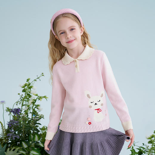 mettekids儿童100%羊绒衫2025春季新款女童粉色甜美翻领针织毛衣 商品图1