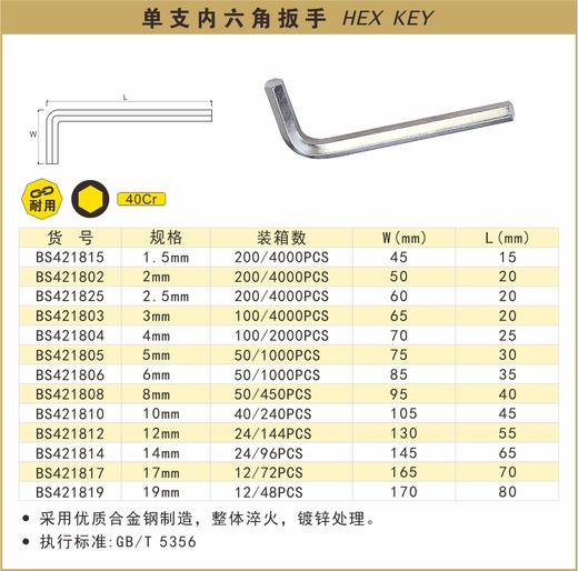 波斯 单支内六角扳手19mm  （40Cr）BS421819 商品图0