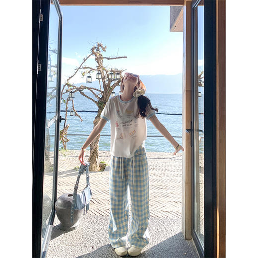 <曾小咸推荐>小清新白色印花短袖撞蓝色边宽松T恤 商品图2