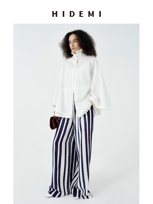 HIDEMI甄选长绒棉极简设计感飘领可立领斗篷式口袋8分袖衬衫上衣 商品图4