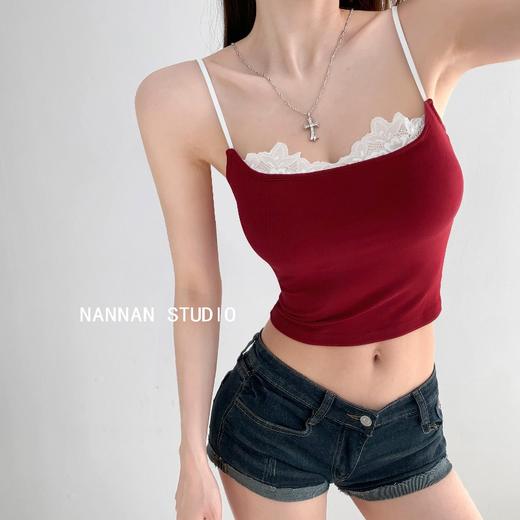 【甜辣芭蕾风❗蕾丝拼接背心】自带胸垫，亲肤透气面料，蕾丝纯欲夏季辣妹外穿短款打底上衣吊带QQ 商品图1