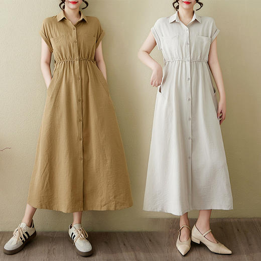 LZY9360棉麻连衣裙2025夏季新款文艺范纯色开衫裙时尚显瘦亚麻长裙 商品图0